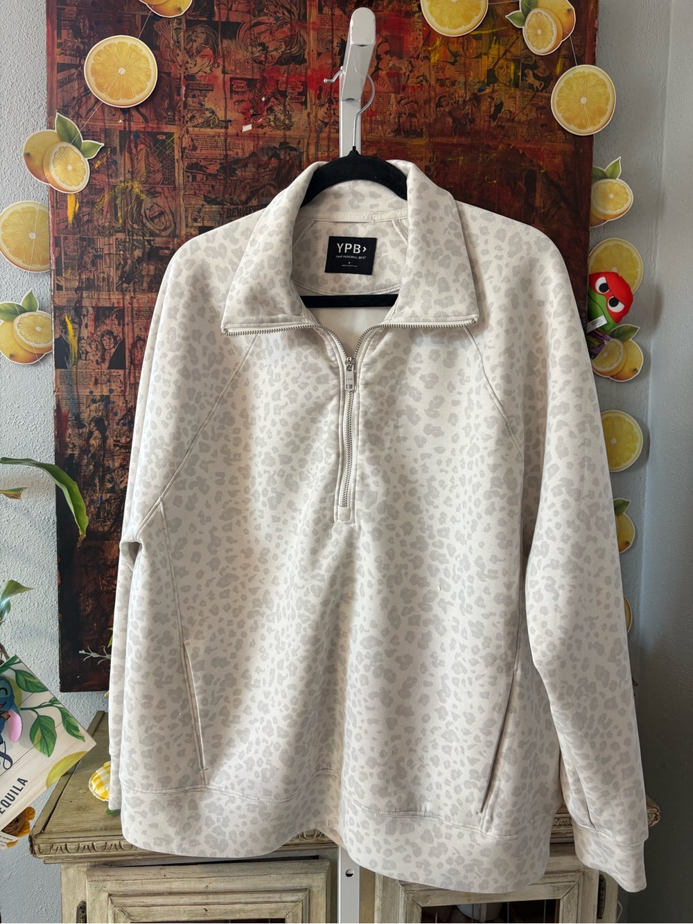 YPB Cream Leopard Half-Zip Pullover Size S